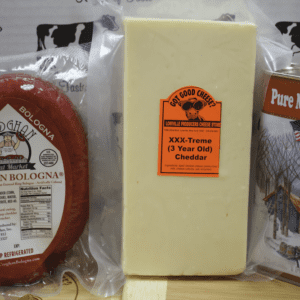 Value Variety Pack #10 – Croghan Bologna Ring, 3 Year Old Sharp Cheddar (approx 1 lb), Maple Syrup 1 Pint