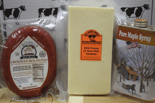 Value Variety Pack #10 – Croghan Bologna Ring, 3 Year Old Sharp Cheddar (approx 1 lb), Maple Syrup 1 Pint